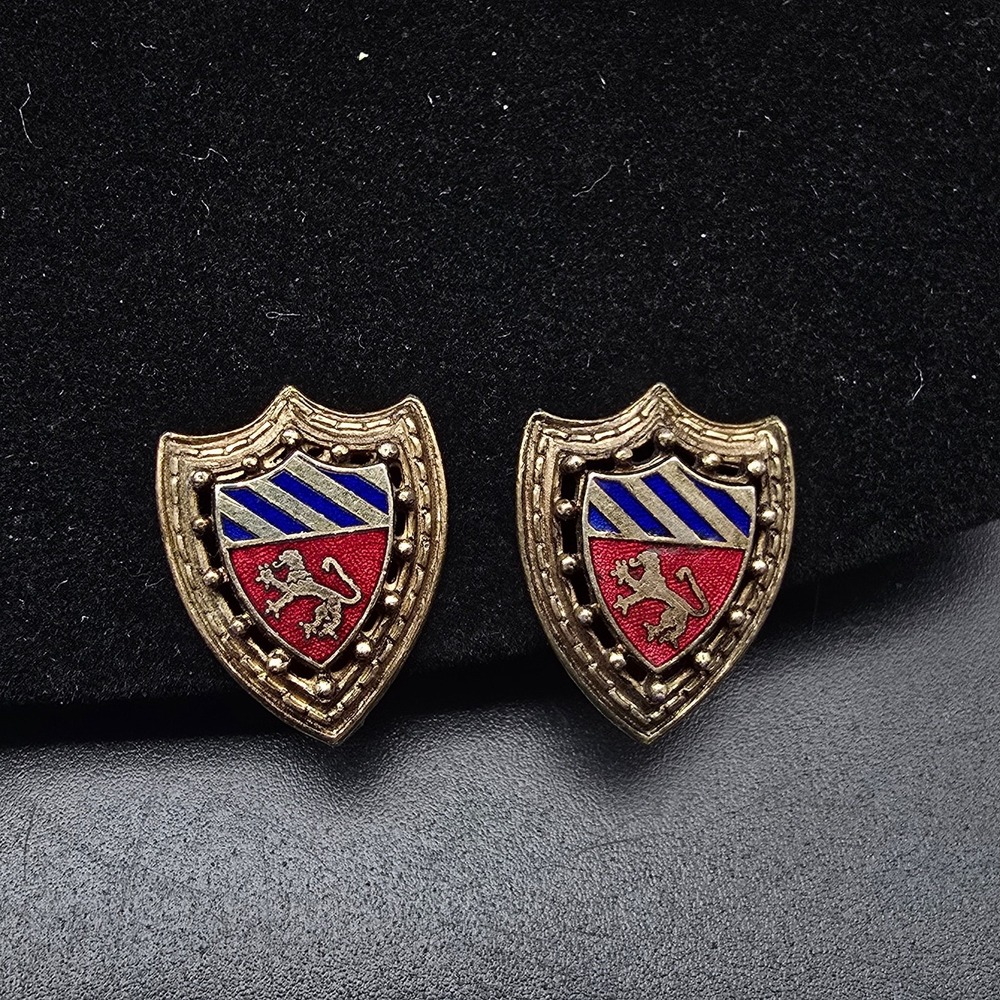 Lion Shield Crest Screw Back Earrings Heraldic Red Blue Enamel Vintage